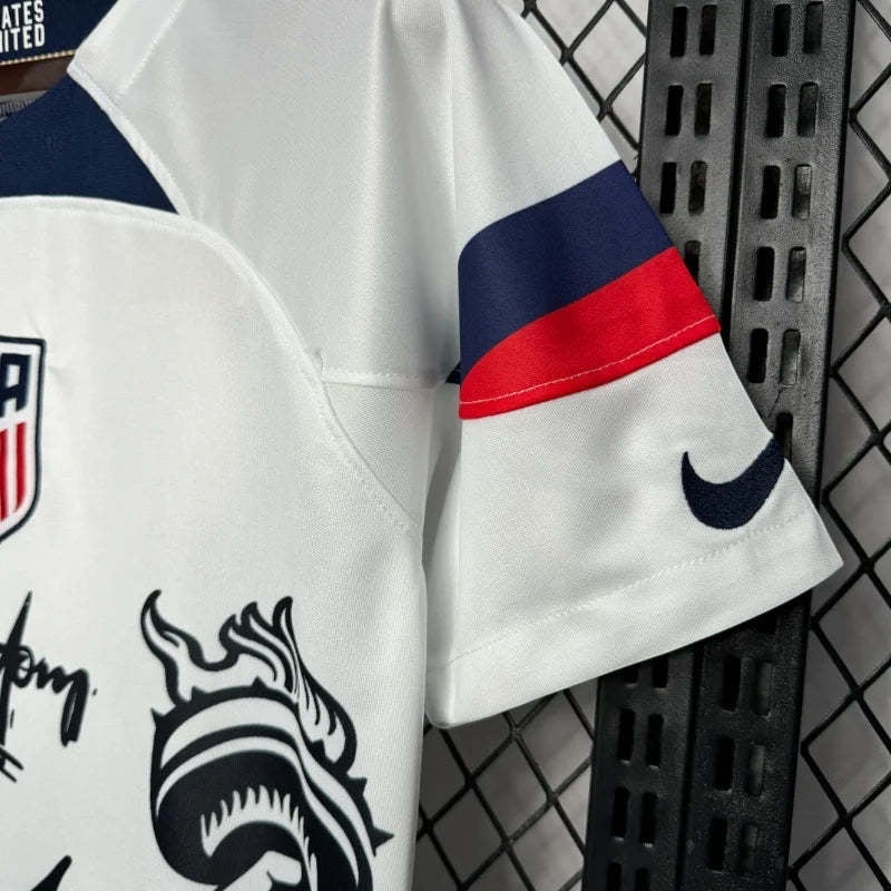 Leazofoot white USA 2025 concept soccer jersey with navy and red sleeve details and graphic print