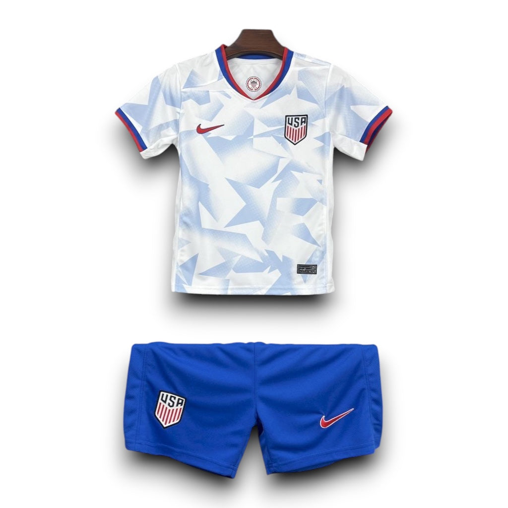 Leazofoot 2025 USA kids home soccer kit with white star-patterned jersey and blue shorts.