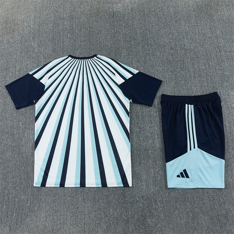 Leazofoot Argentina 2026 training kit featuring a white, light blue, and navy striped jersey and matching shorts