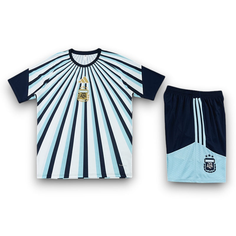 Leazofoot Argentina 2026 training set featuring a white, blue, and navy sunburst pattern jersey and matching shorts.