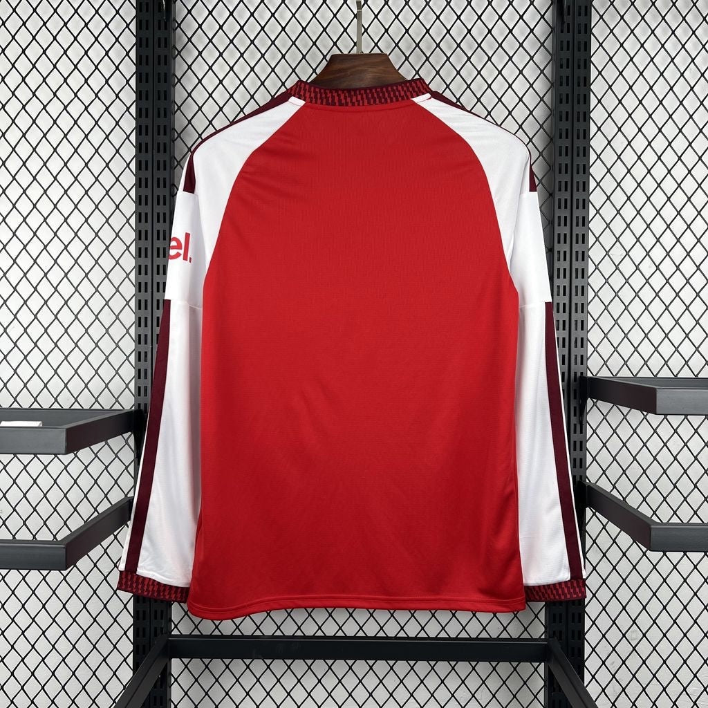 Leazofoot Arsenal 26/27 long sleeve home jersey, red and white design with dark red trim on a hanger.