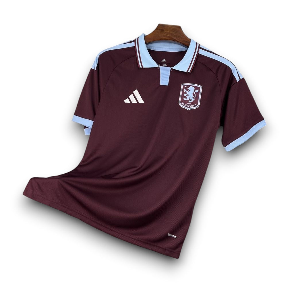 Leazofoot Aston Villa 26/27 home jersey in claret and light blue with a polo collar and team crest.