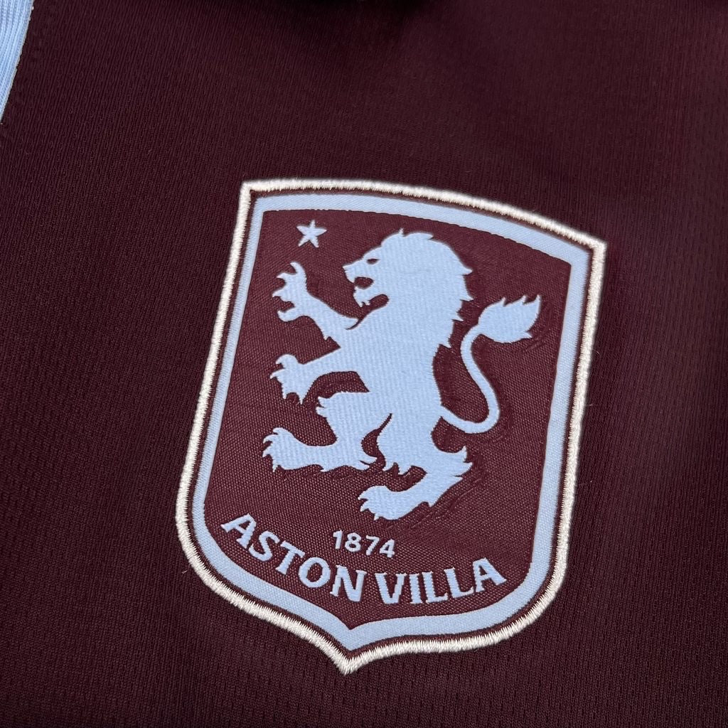 Leazofoot Aston Villa 26/27 home jersey featuring the embroidered club crest in claret and light blue on textured fabric
