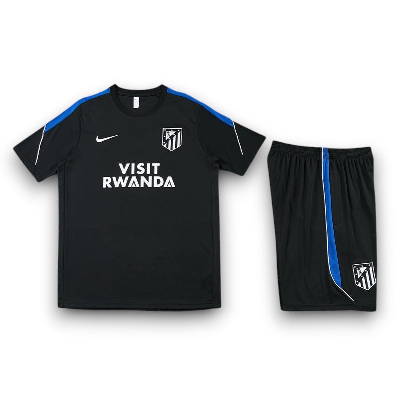 Leazofoot Atletico Madrid 26/27 training kit in black with blue accents, featuring Visit Rwanda logo and club crest.