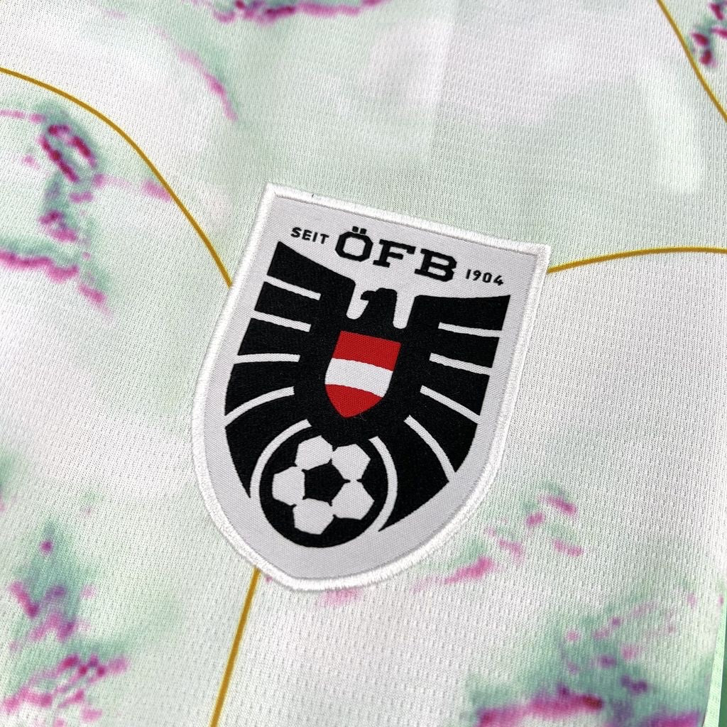 Leazofoot Austria 2026 away soccer jersey featuring the embroidered ÖFB team crest on a white patterned fabric