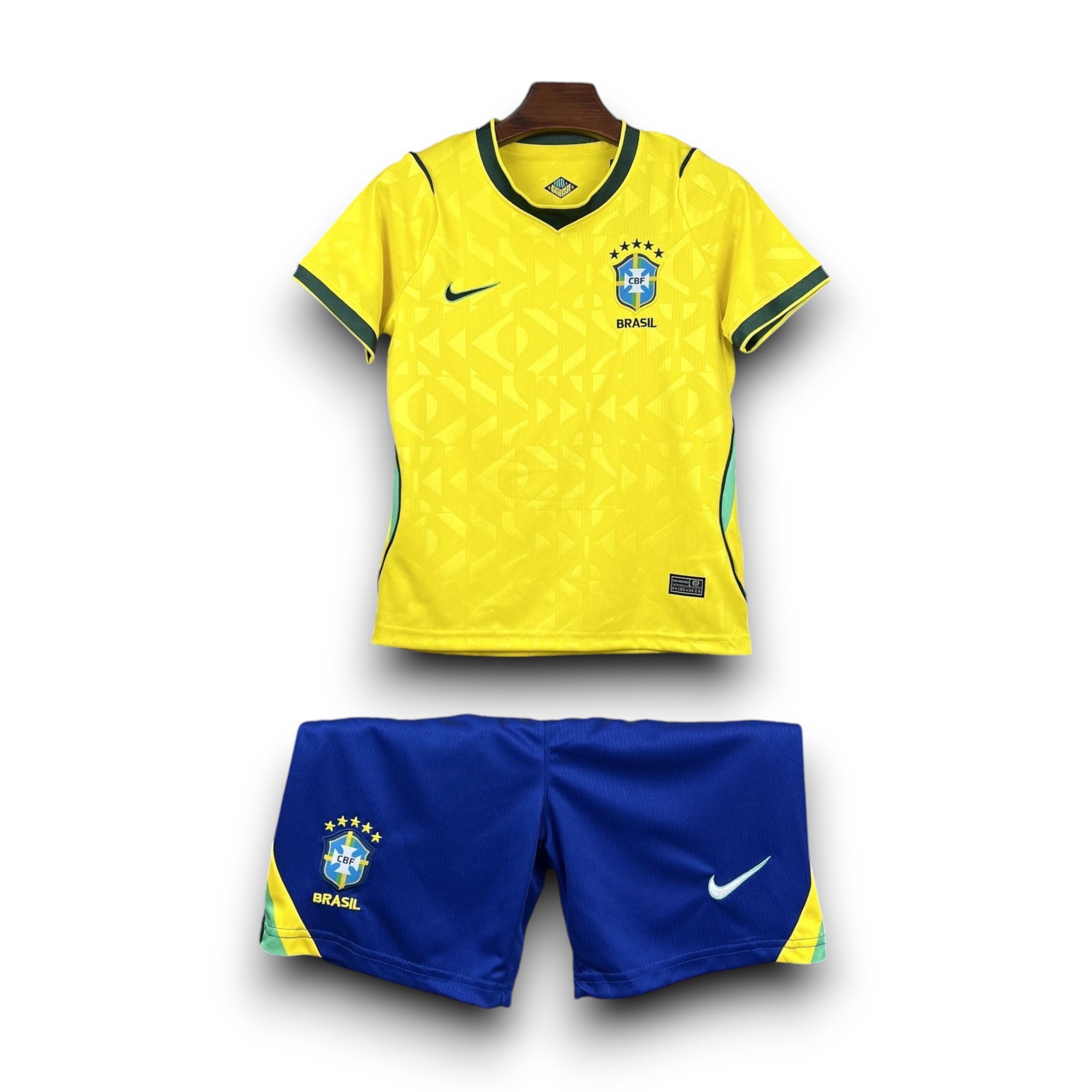 Leazofoot Brasil kids' yellow soccer jersey with blue shorts, featuring the CBF crest and Nike swoosh.