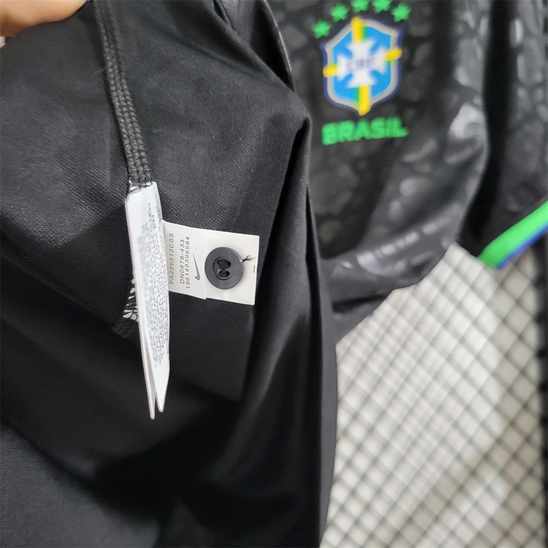 Leazofoot black Brazil 2023 concept soccer jersey with internal button detail and team crest