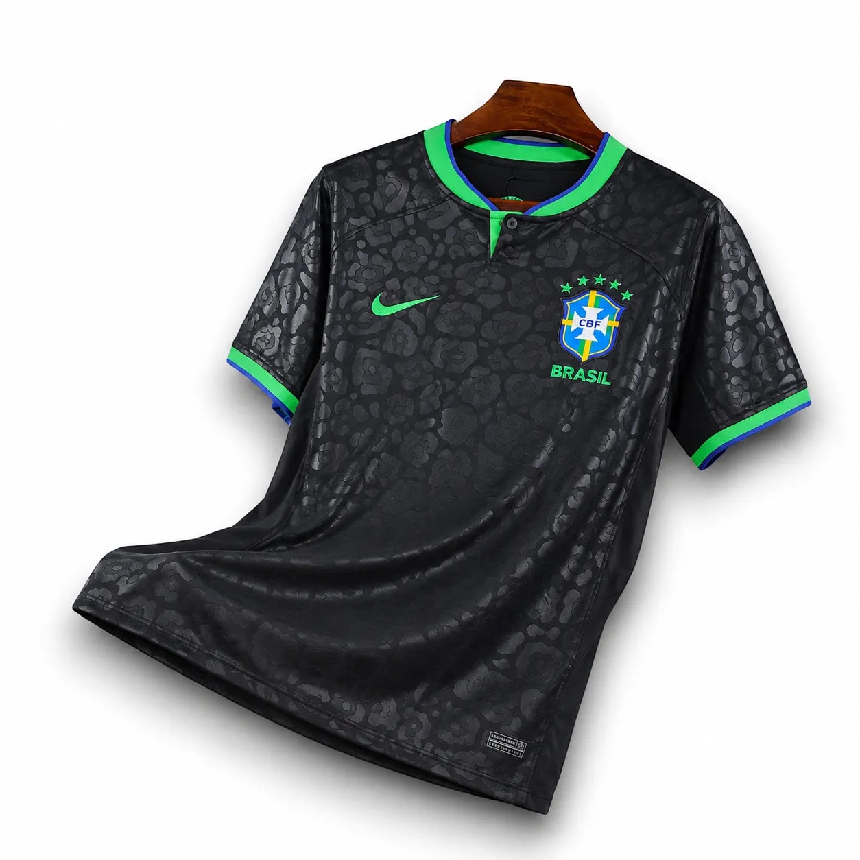 Leazofoot black Brazil 2023 concept soccer jersey with tonal leopard print, green accents, and CBF crest.