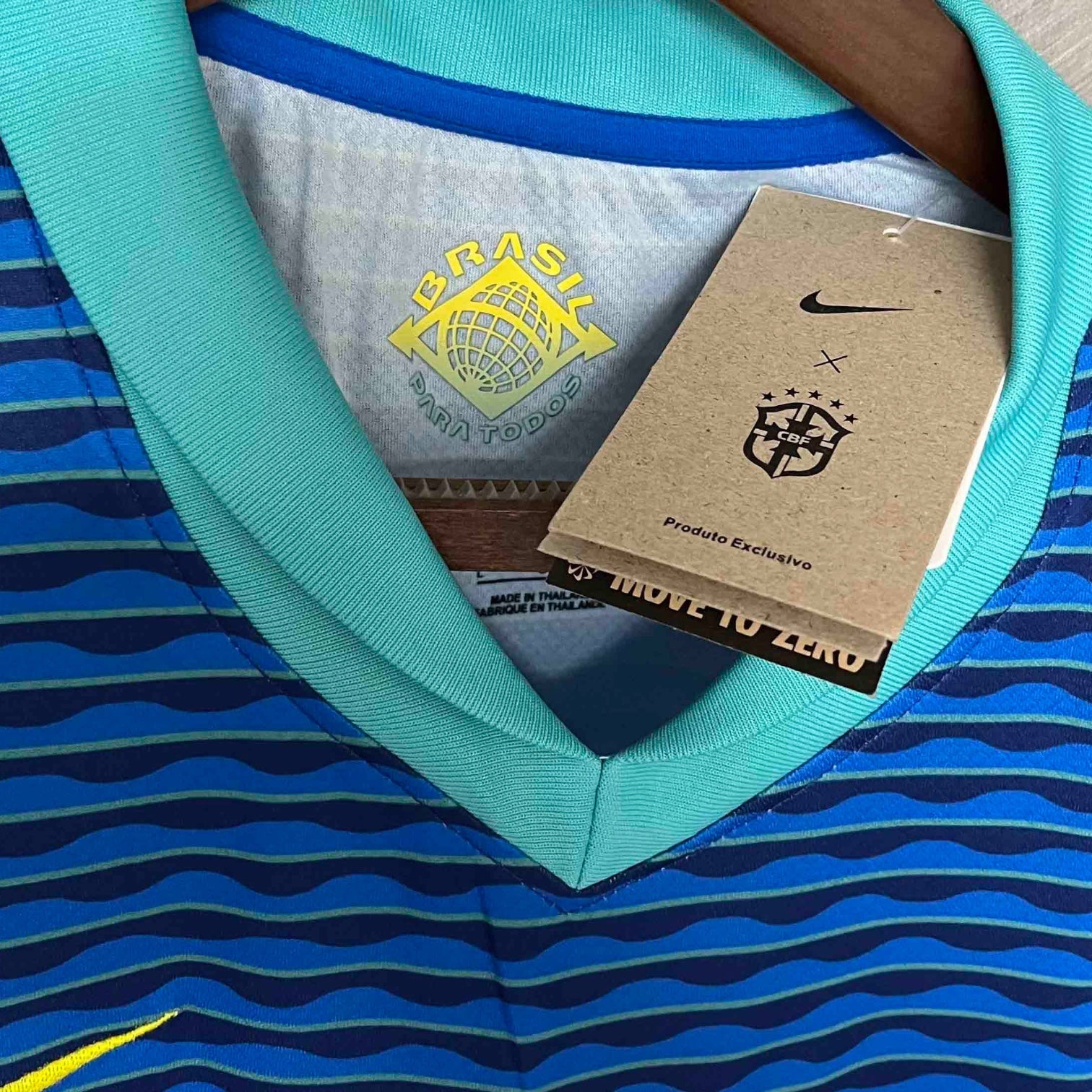 Leazofoot Brazil 2024 away soccer jersey featuring a blue and teal wavy striped pattern and V-neck collar.