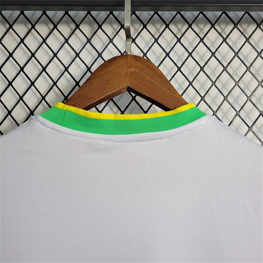 Leazofoot Brazil 2024 concept soccer jersey featuring a white body with a green and yellow ribbed crew neck collar.