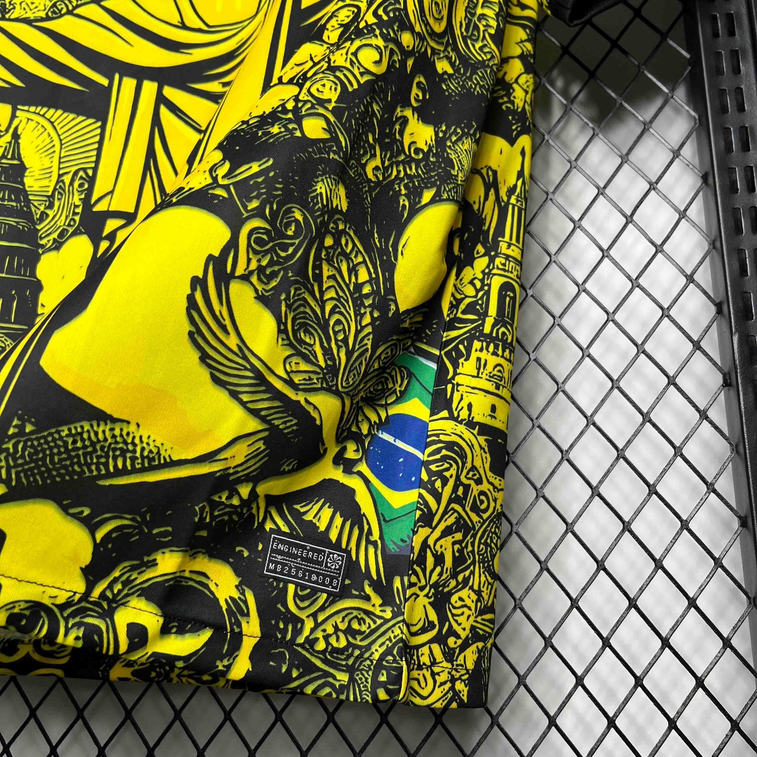Leazofoot Brazil 2024 concept football jersey in yellow and black with intricate graphic patterns and team flag detail.
