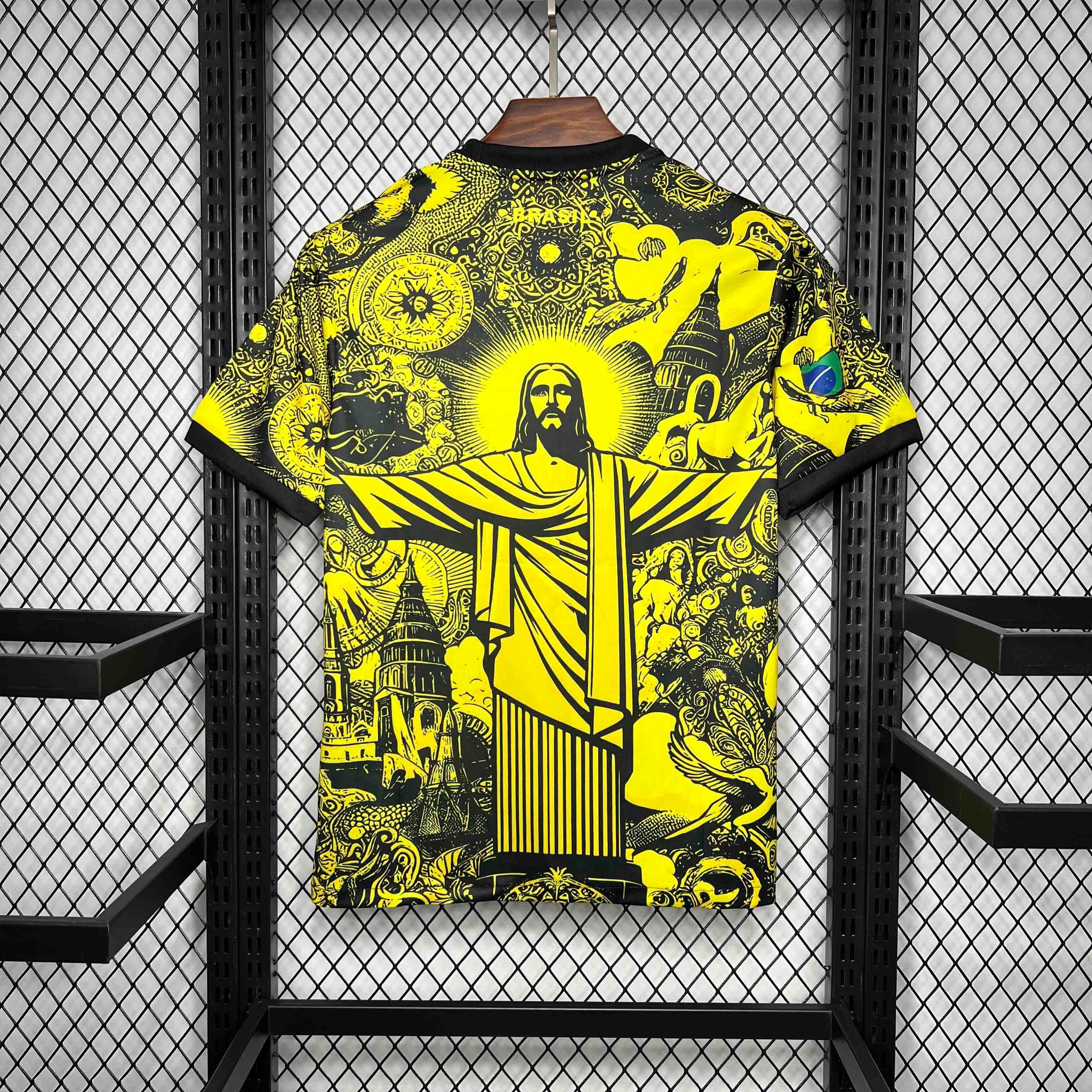 Leazofoot Brazil 2024 concept football jersey featuring a yellow and black graphic print of Christ the Redeemer.