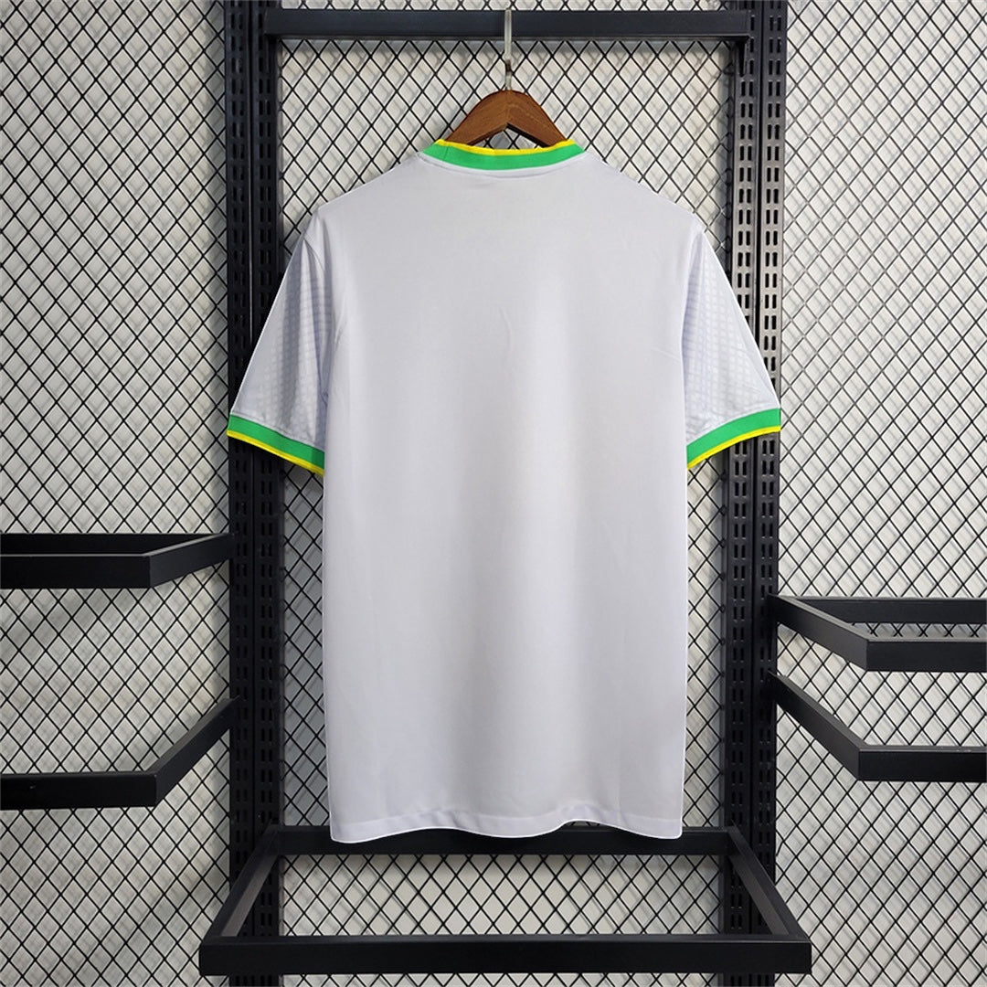 Leazofoot white Brazil 2024 concept soccer jersey with green and yellow trim on the collar and sleeves.