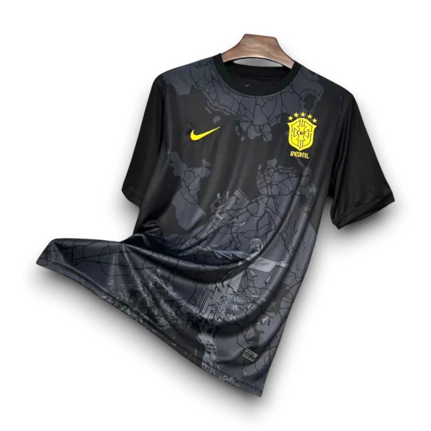 Leazofoot black Brazil 2024 concept soccer jersey with yellow crest and Christ the Redeemer graphic print