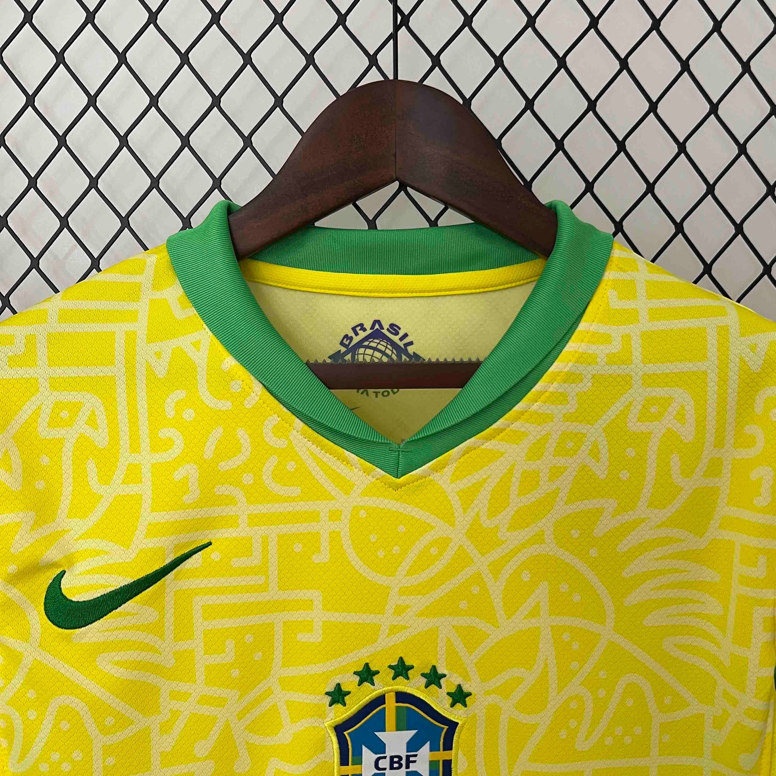 Leazofoot 2024 Brazil home soccer jersey in yellow with green trim and intricate tonal graphic pattern