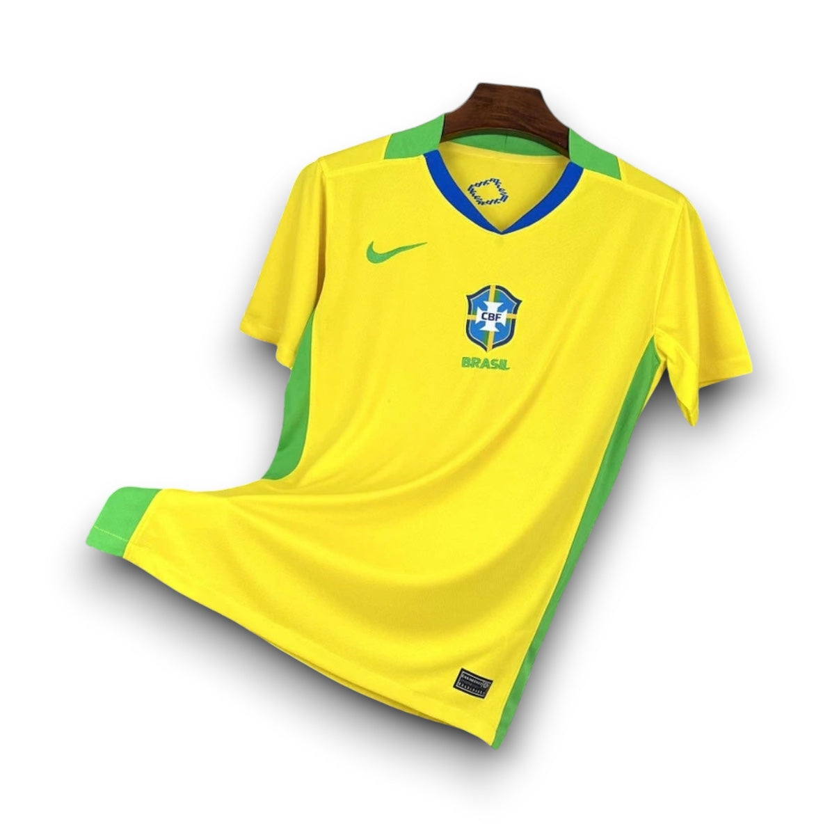 Leazofoot Brazil 2025 home soccer jersey in yellow with green and blue accents and CBF team crest