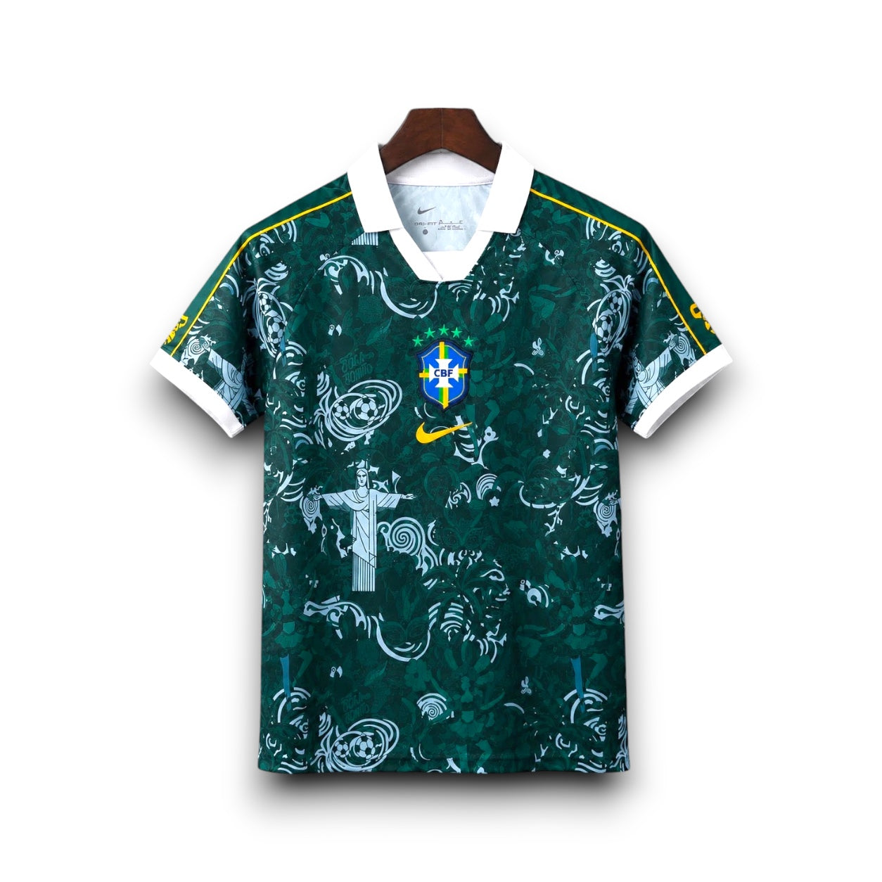 Leazofoot Brazil 2026 concept soccer jersey in dark green with white collar and Christ the Redeemer graphic print.