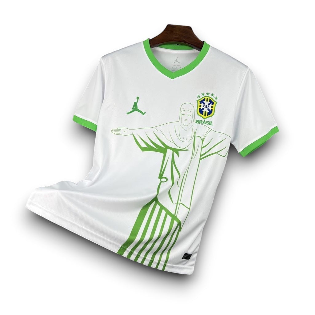 Leazofoot white Brazil 2026 concept football jersey with green trim and Christ the Redeemer graphic print.