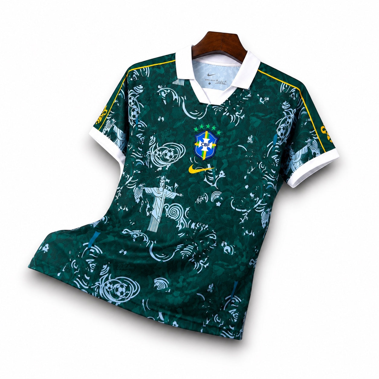 Leazofoot Brazil 2026 concept soccer jersey in green with white collar, featuring intricate cultural graphic patterns.