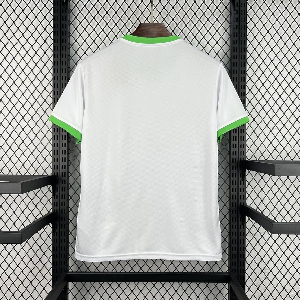 Leazofoot white Brazil 2026 concept soccer jersey with green trim on the collar and sleeves, back view.