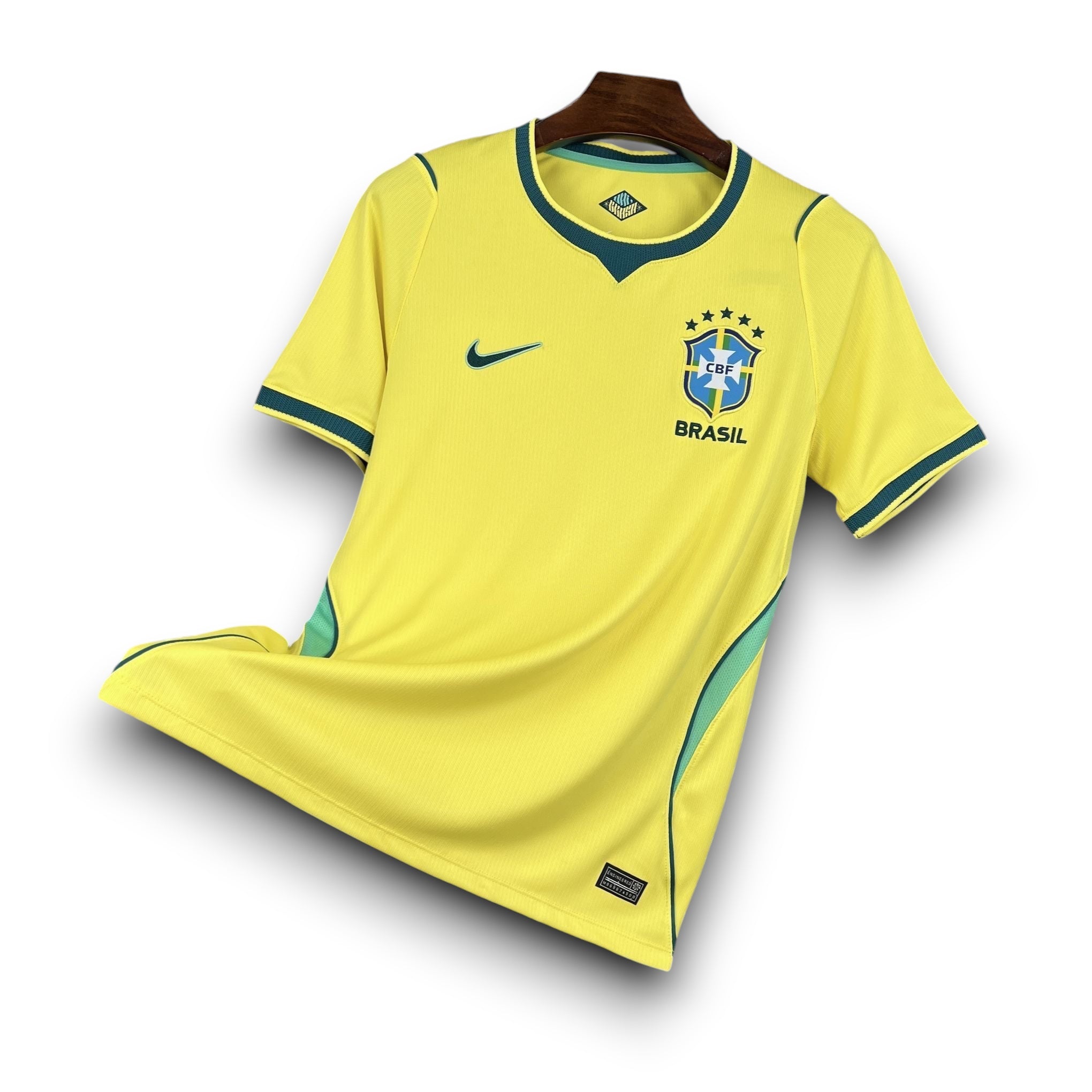 Leazofoot Brazil 2026 home soccer jersey, bright yellow with green trim and CBF crest.
