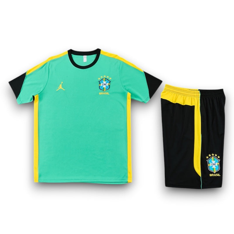 Leazofoot Brazil 2026 training set featuring a green jersey with yellow accents and black shorts with team crest.