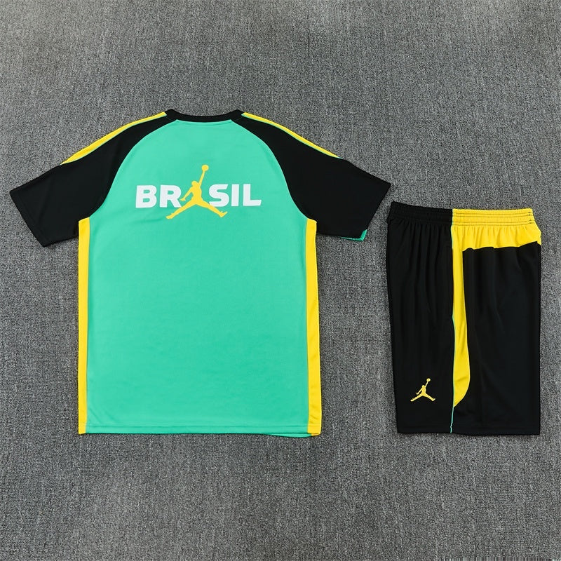 Leazofoot Brazil 2026 training set featuring a green, black, and yellow jersey and matching athletic shorts.