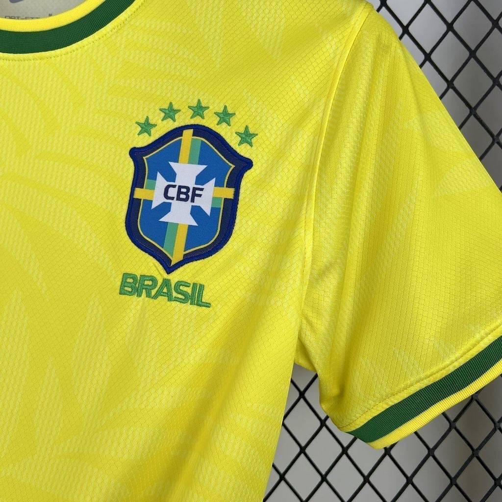 Leazofoot yellow Brazil 23/24 football jersey with embroidered CBF crest and green trim details.