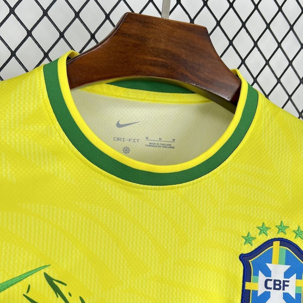 Leazofoot Brazil 23/24 yellow football jersey with green trim, CBF crest, and Dri-FIT moisture-wicking fabric.