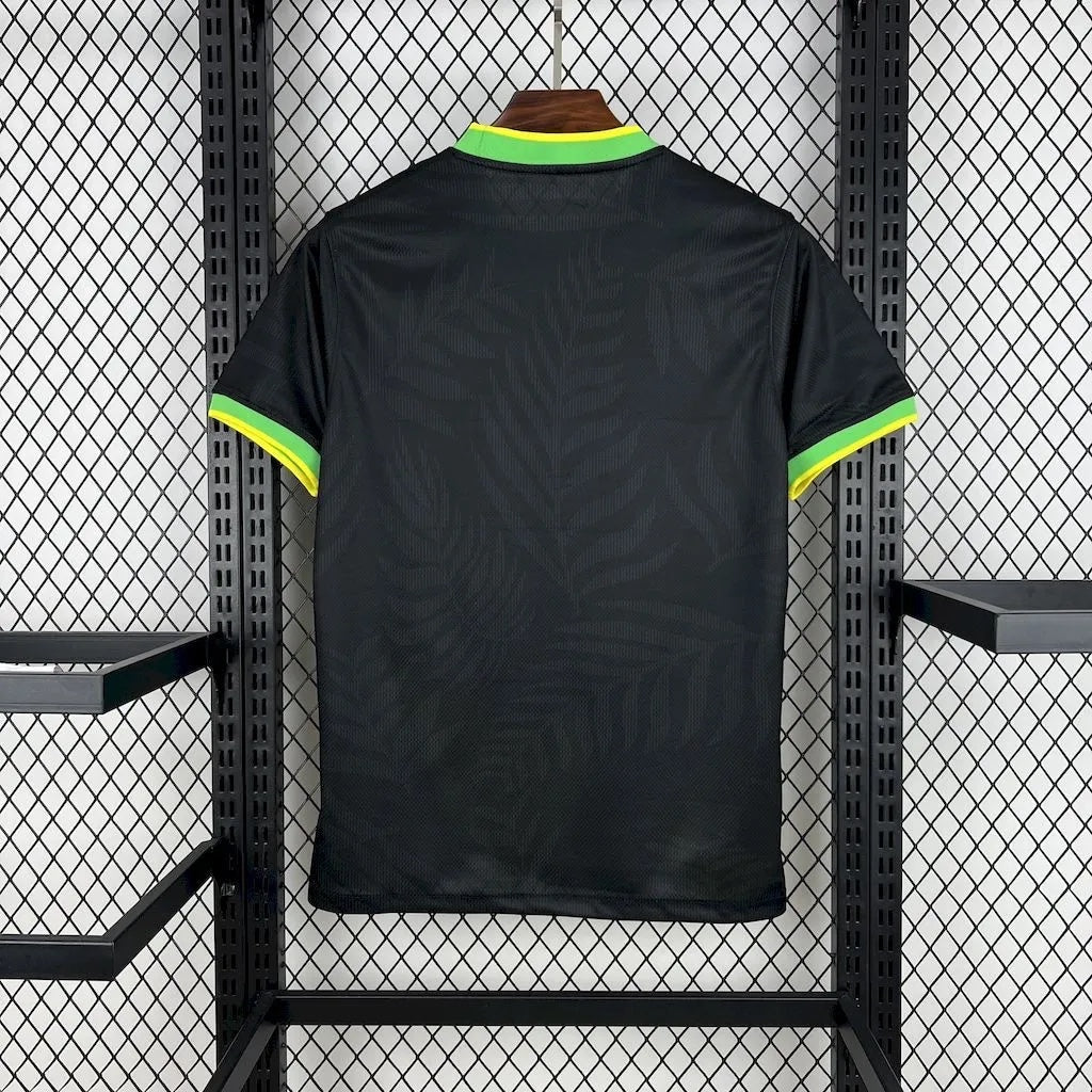 Leazofoot Brazil 24/25 player edition soccer jersey in black with subtle leaf pattern and green and yellow trim.