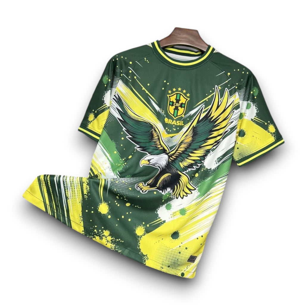 Leazofoot Brazil 24/25 special edition soccer jersey in green and yellow with eagle graphic and CBF crest