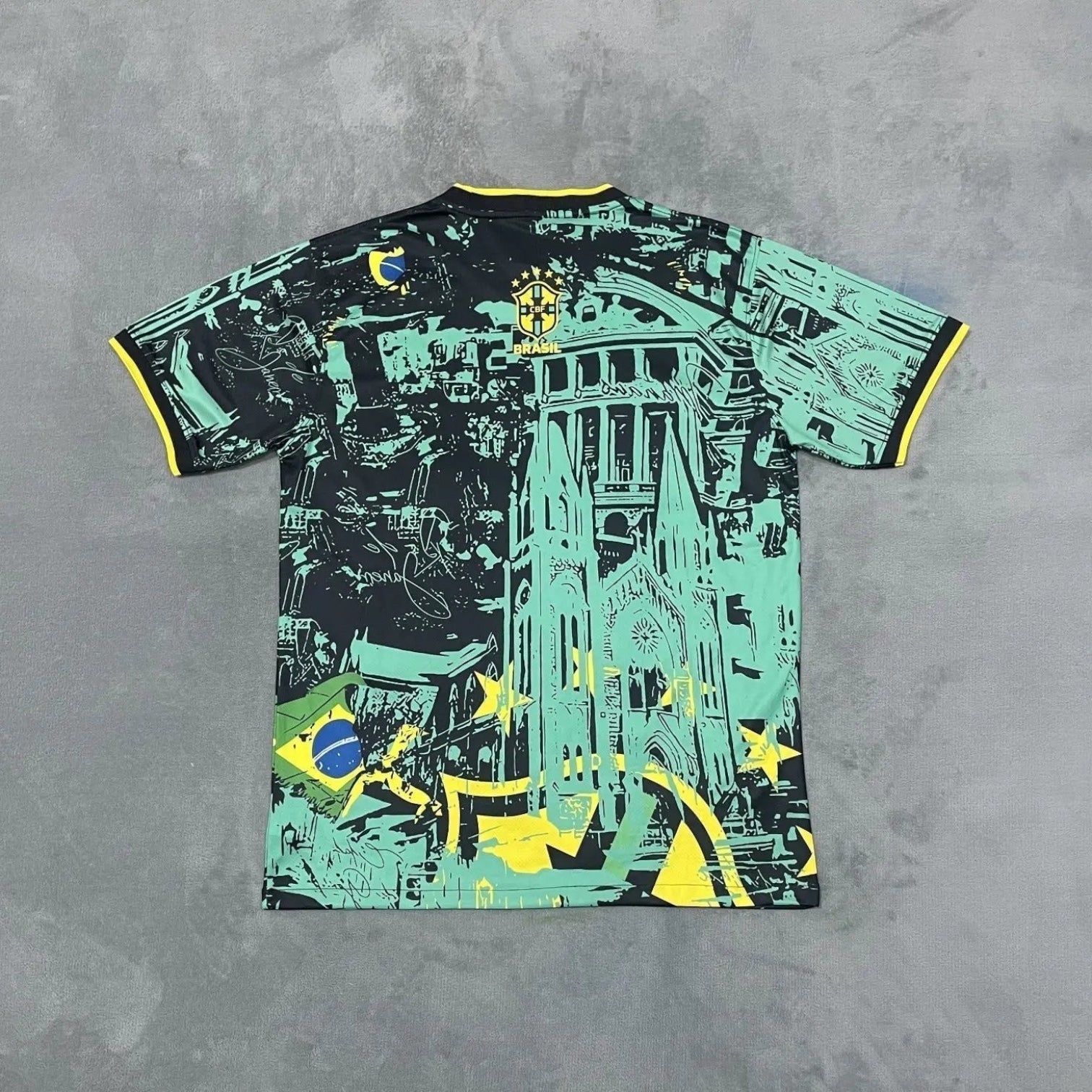 Leazofoot Brazil 24/25 special edition soccer jersey in black and green with yellow accents and graphic print.
