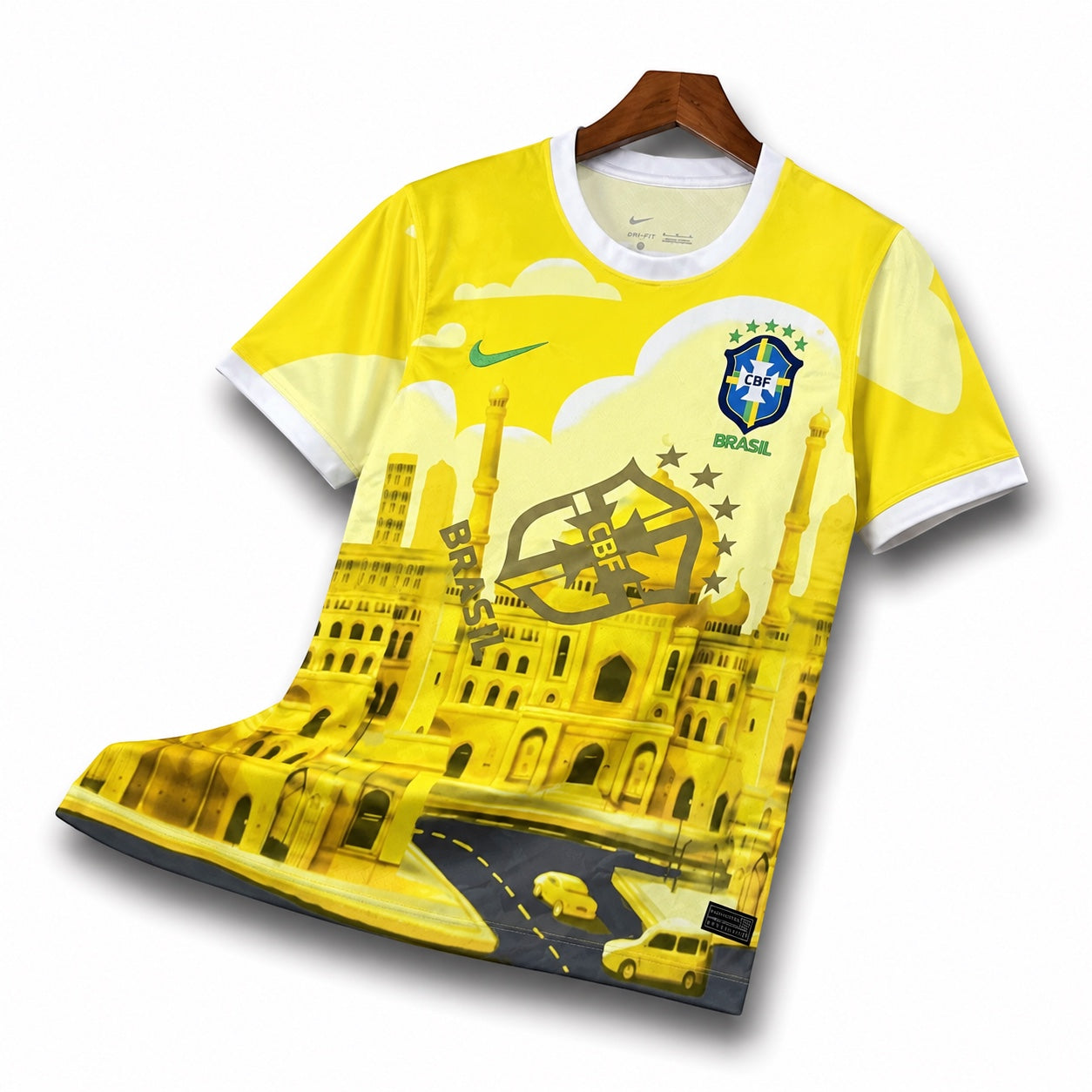 Leazofoot Brazil 24/25 special edition yellow football jersey with graphic print of landmarks and CBF crest.