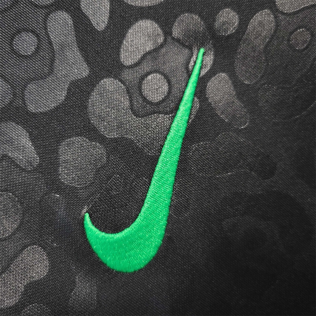Leazofoot 2023 Brazil concept soccer jersey featuring a black patterned fabric with an embroidered bright green swoosh