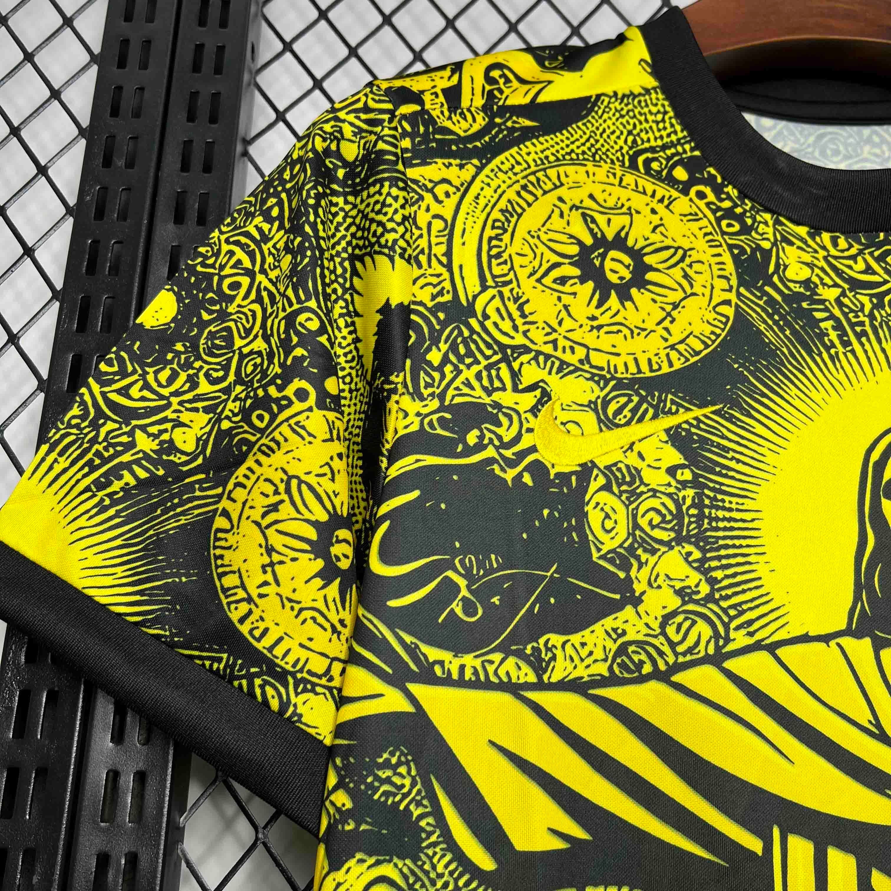 Leazofoot 2024 Brazil concept soccer jersey in yellow and black with intricate cultural graphic patterns.