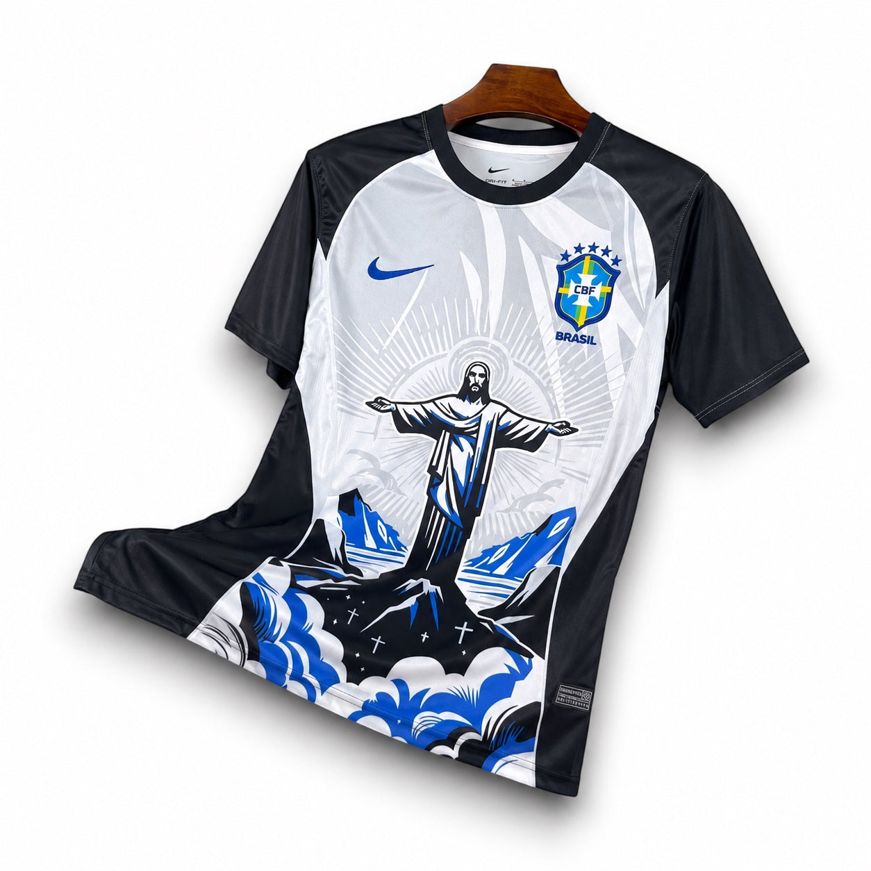Leazofoot Brazil 2026 concept soccer jersey featuring a Christ the Redeemer graphic in black, white, and blue.