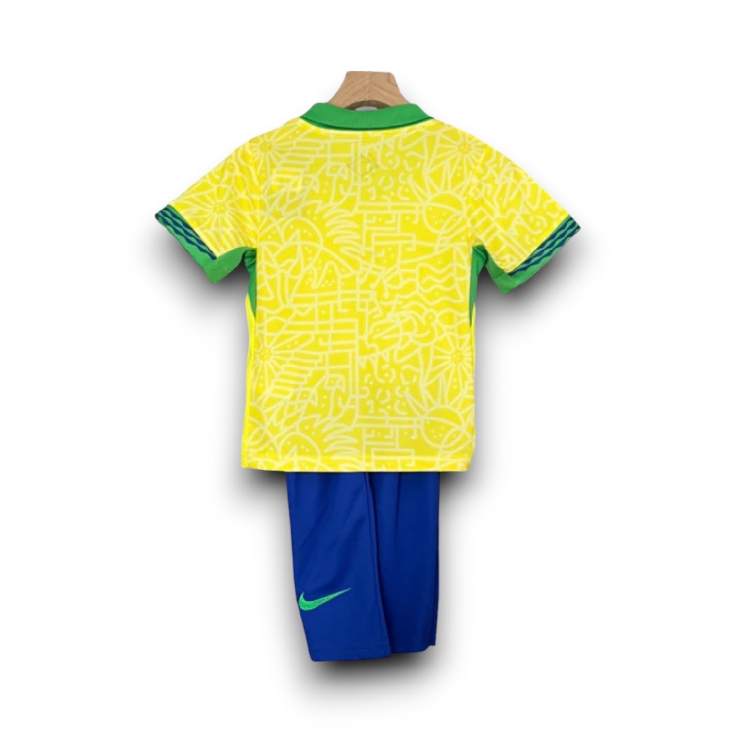 Leazofoot 2024 Brazil kids home kit featuring a yellow patterned jersey with green trim and blue athletic shorts.