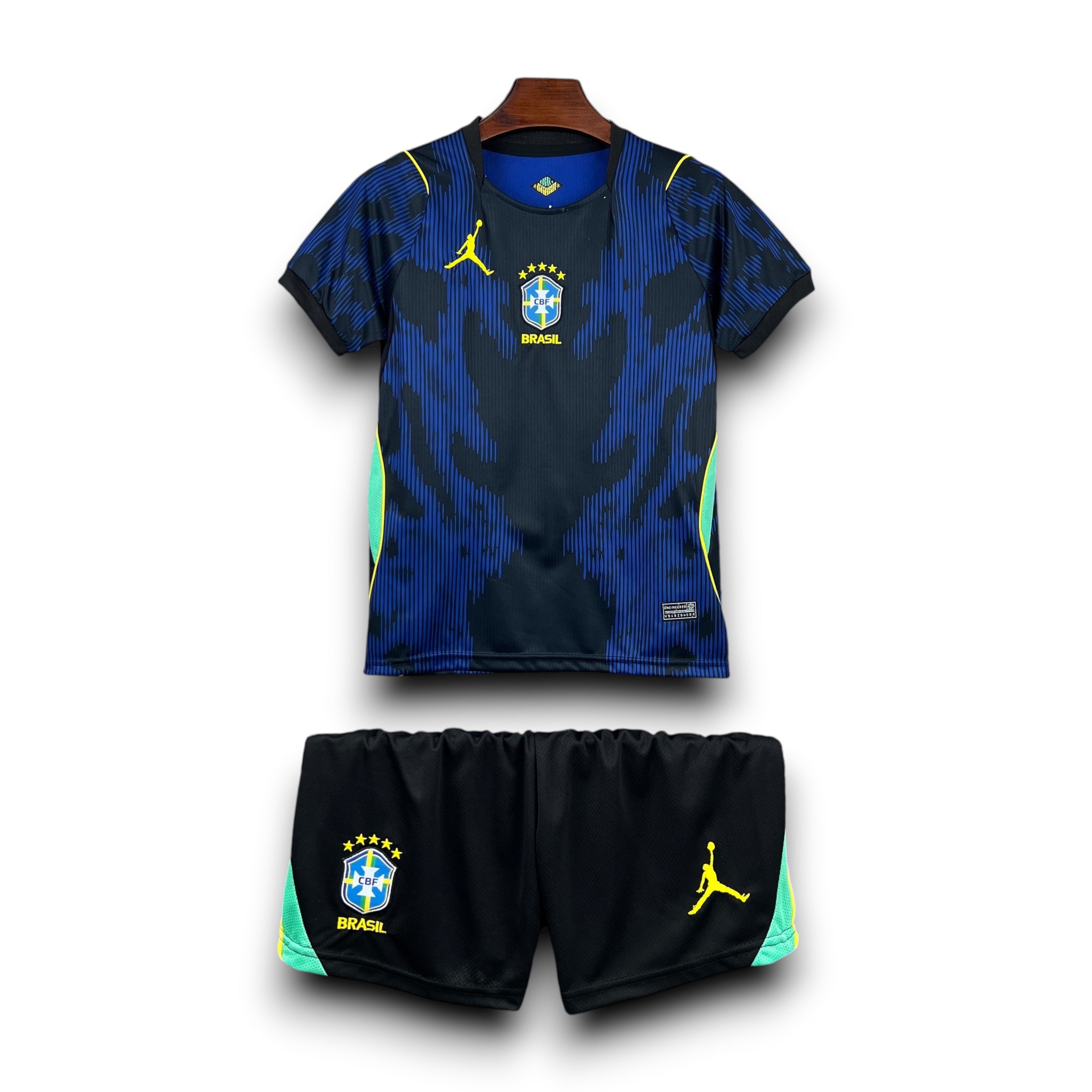 Leazofoot Brazil kids' soccer uniform: blue & black jersey with yellow accents, black shorts with green trim. Features team crest.