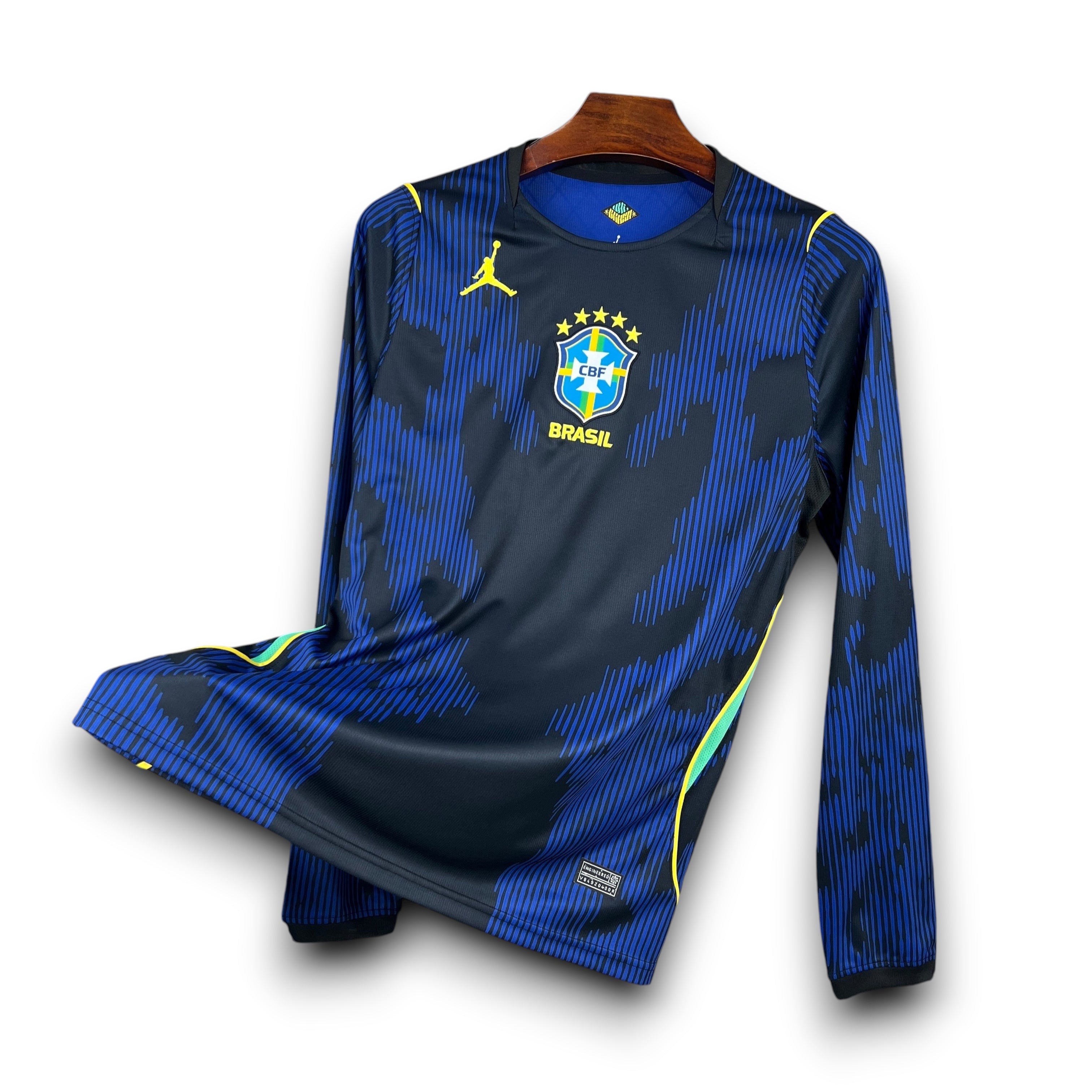 Leazofoot Brazil long sleeve football jersey with blue and black abstract pattern, CBF crest, and yellow accents.