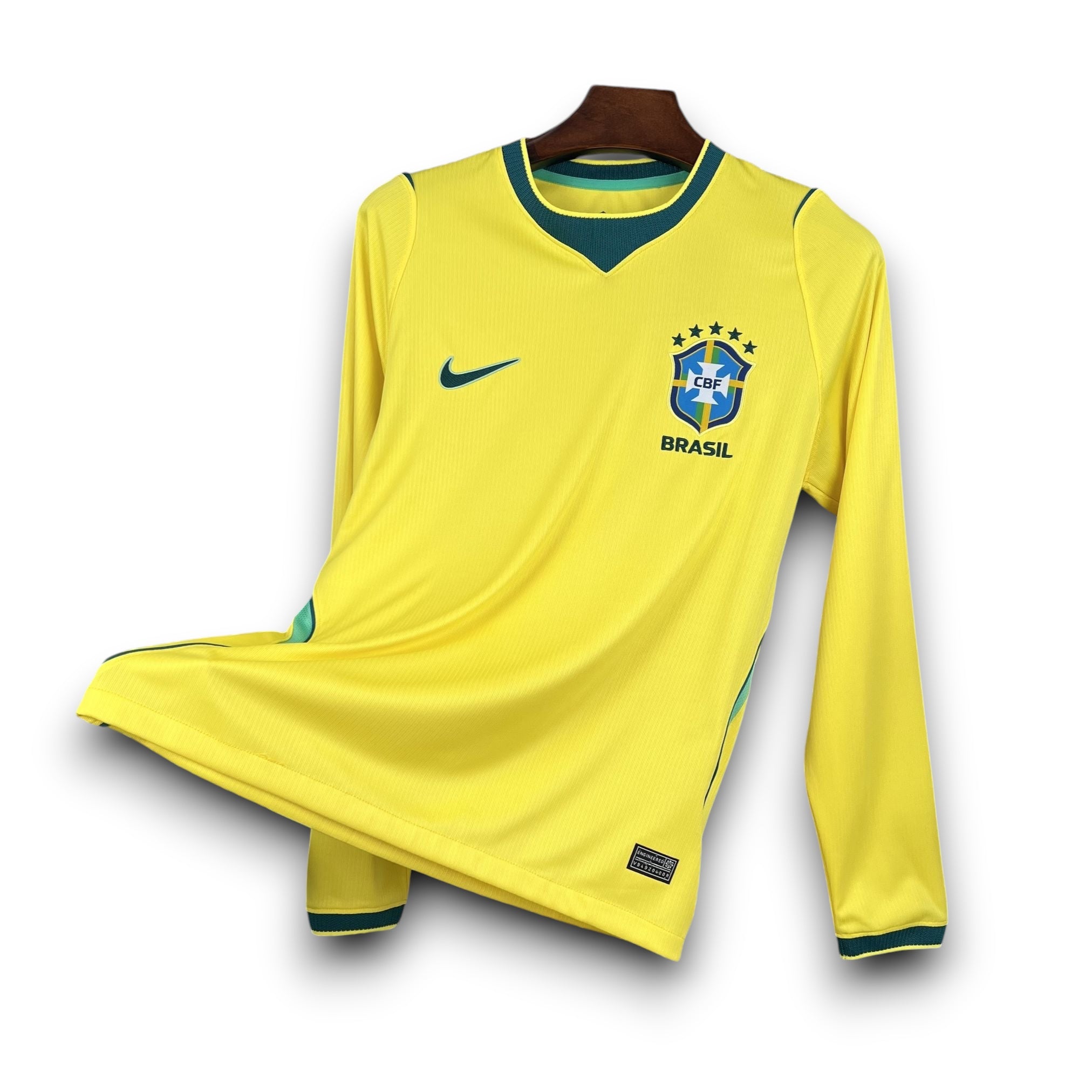 Leazofoot Brazil long sleeve home soccer jersey 2026 in yellow with green trim and CBF crest.