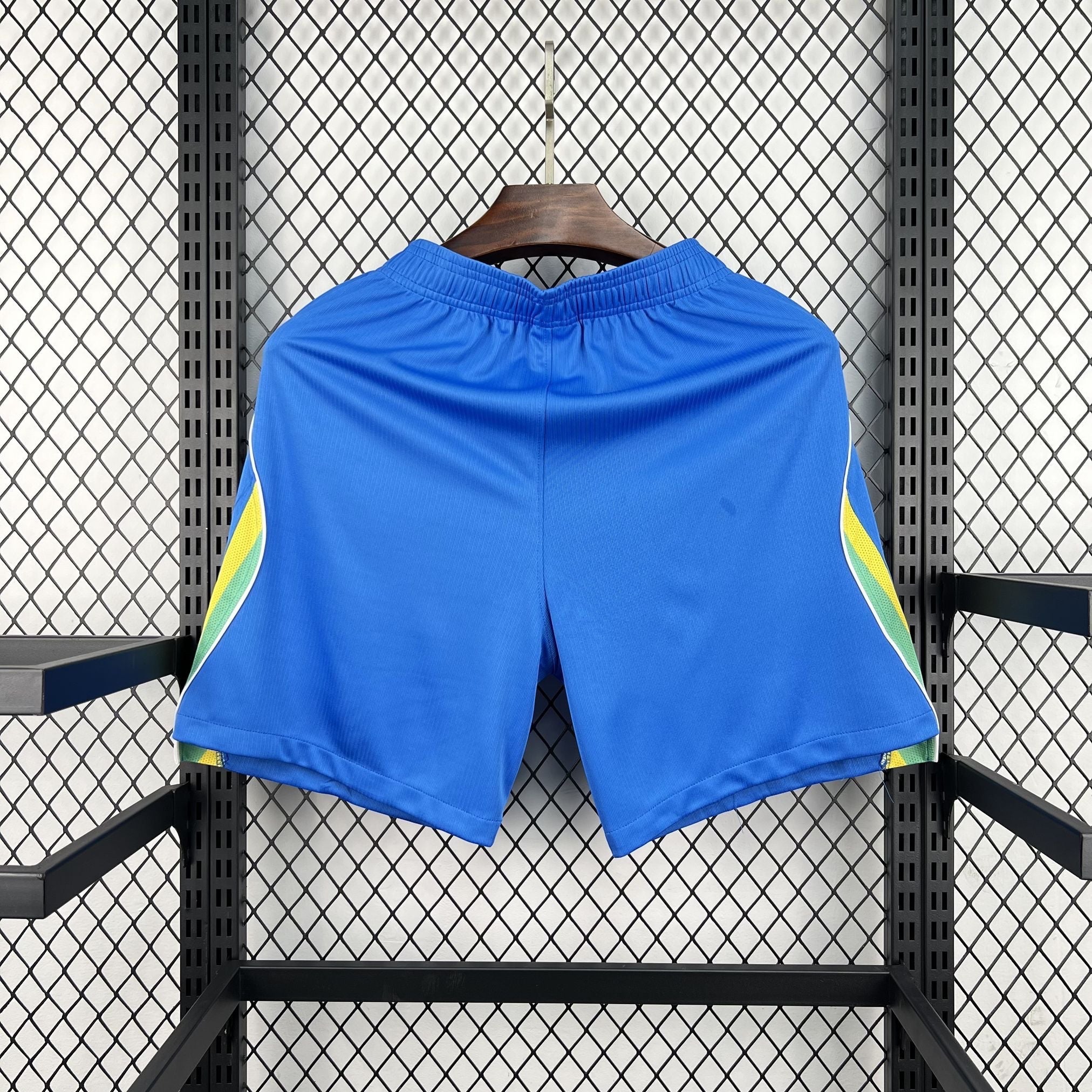 Leazofoot BRÉSIL 2026 home soccer shorts in royal blue with green and yellow side accents.