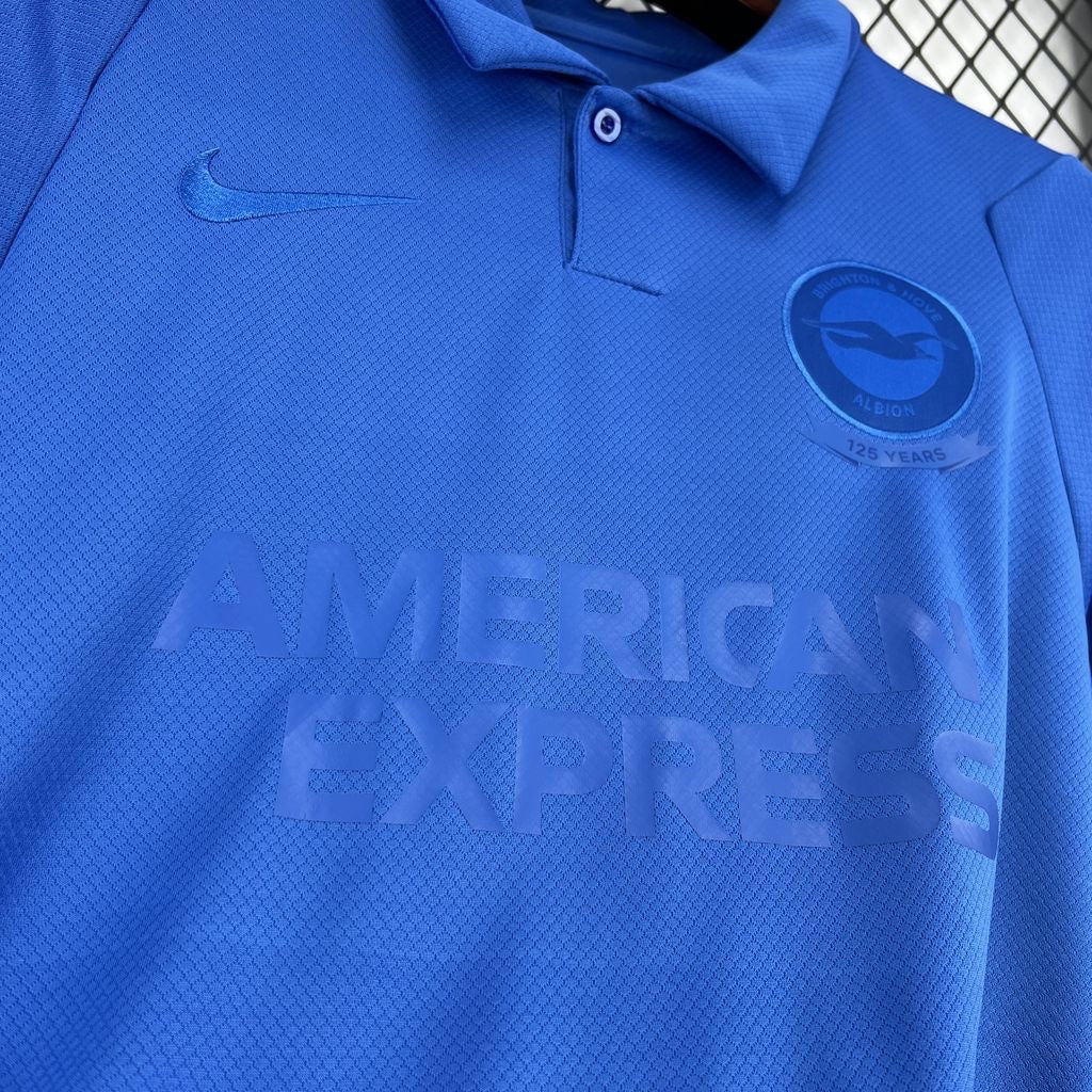 Leazofoot Brighton 125th anniversary blue football jersey with polo collar and American Express sponsor logo