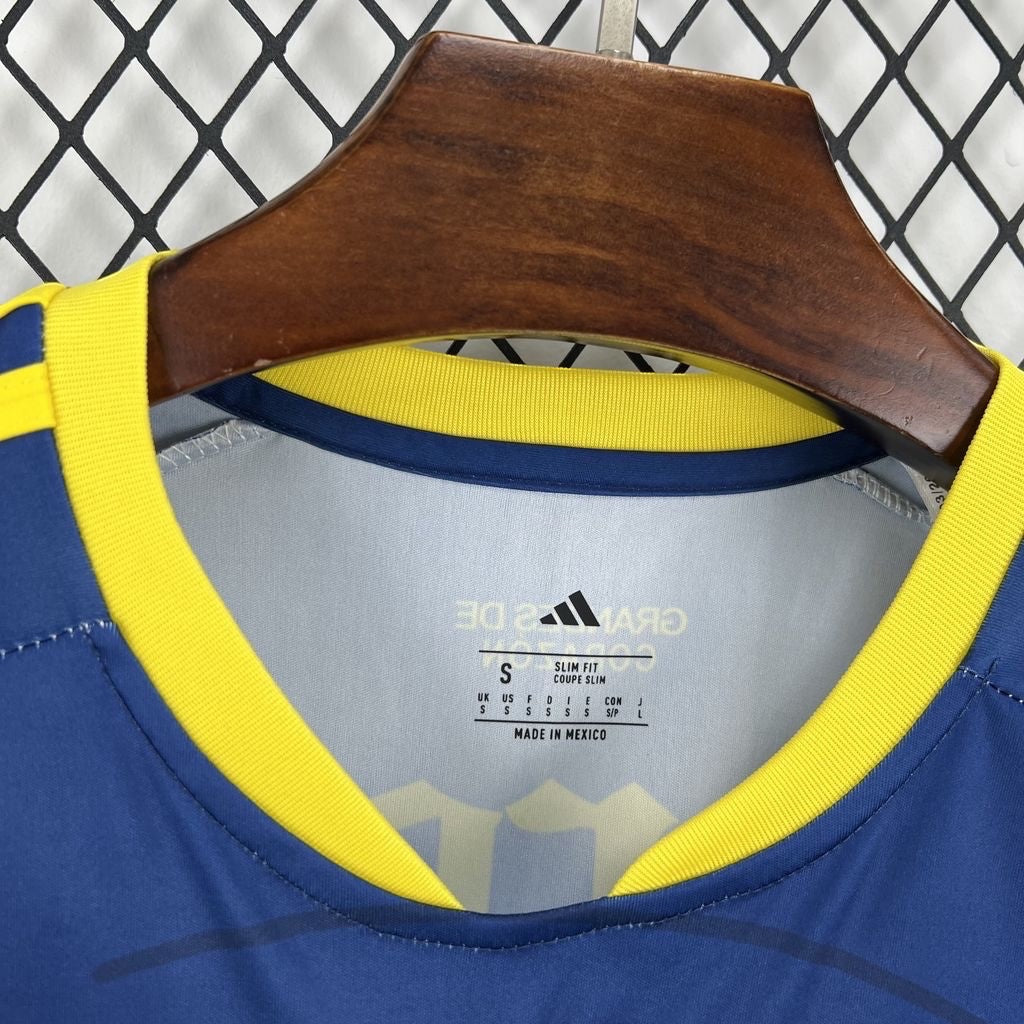 Leazofoot Club América 26/27 away soccer jersey featuring a blue fabric with a yellow ribbed collar and slim fit.