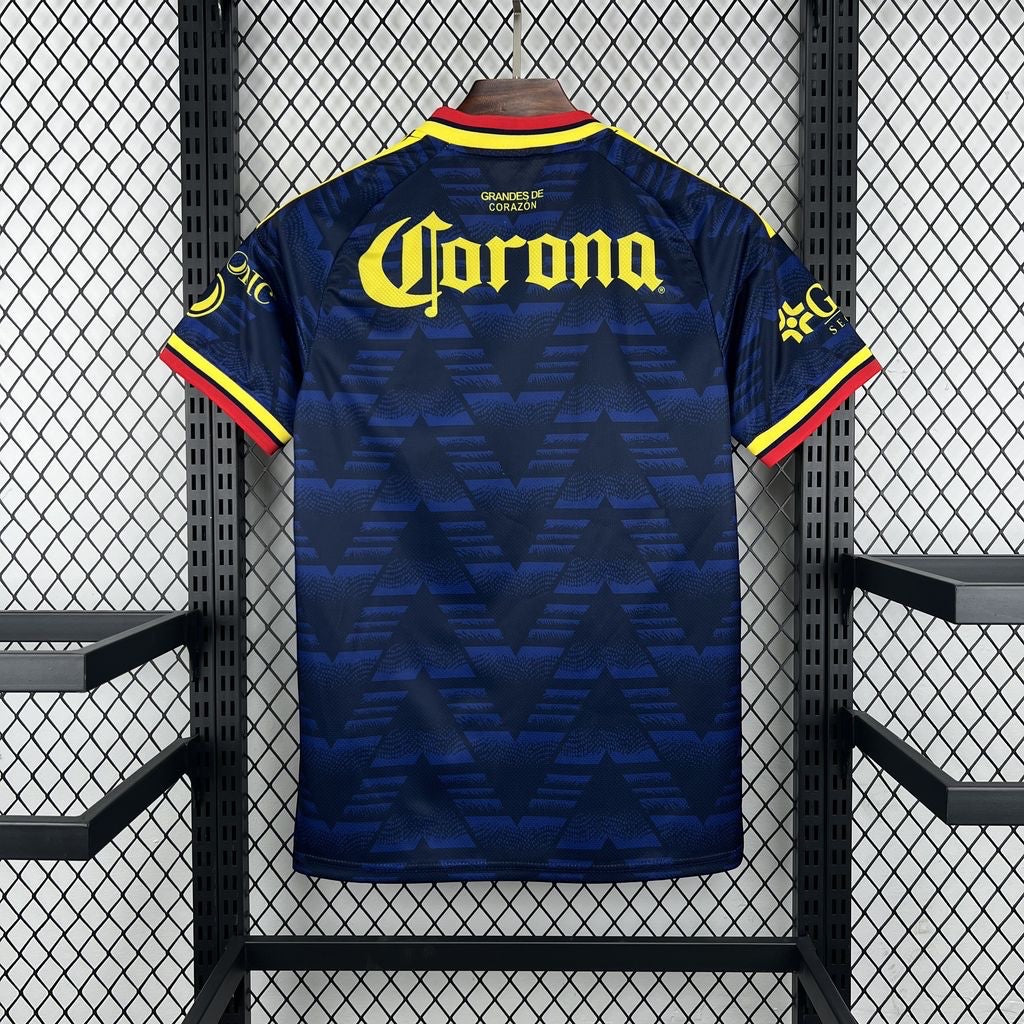Leazofoot Club América 26/27 concept soccer jersey in navy blue with yellow Corona sponsor and geometric pattern