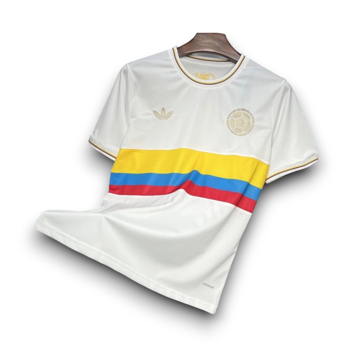 Leazofoot Colombia 100th anniversary special edition white soccer jersey with yellow, blue, and red chest stripes.