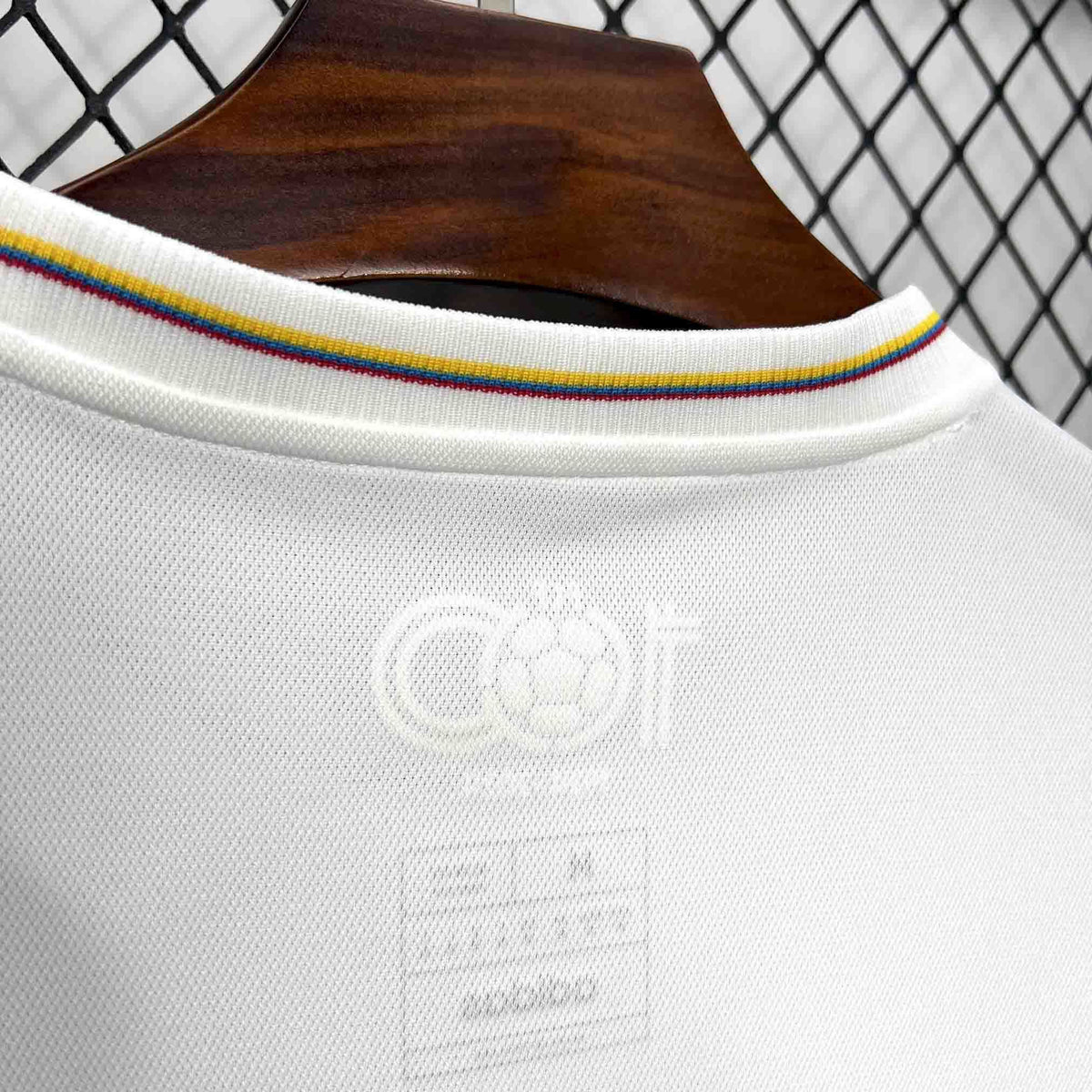 Leazofoot Colombia 100th anniversary special edition white soccer jersey with tricolor collar trim detail.