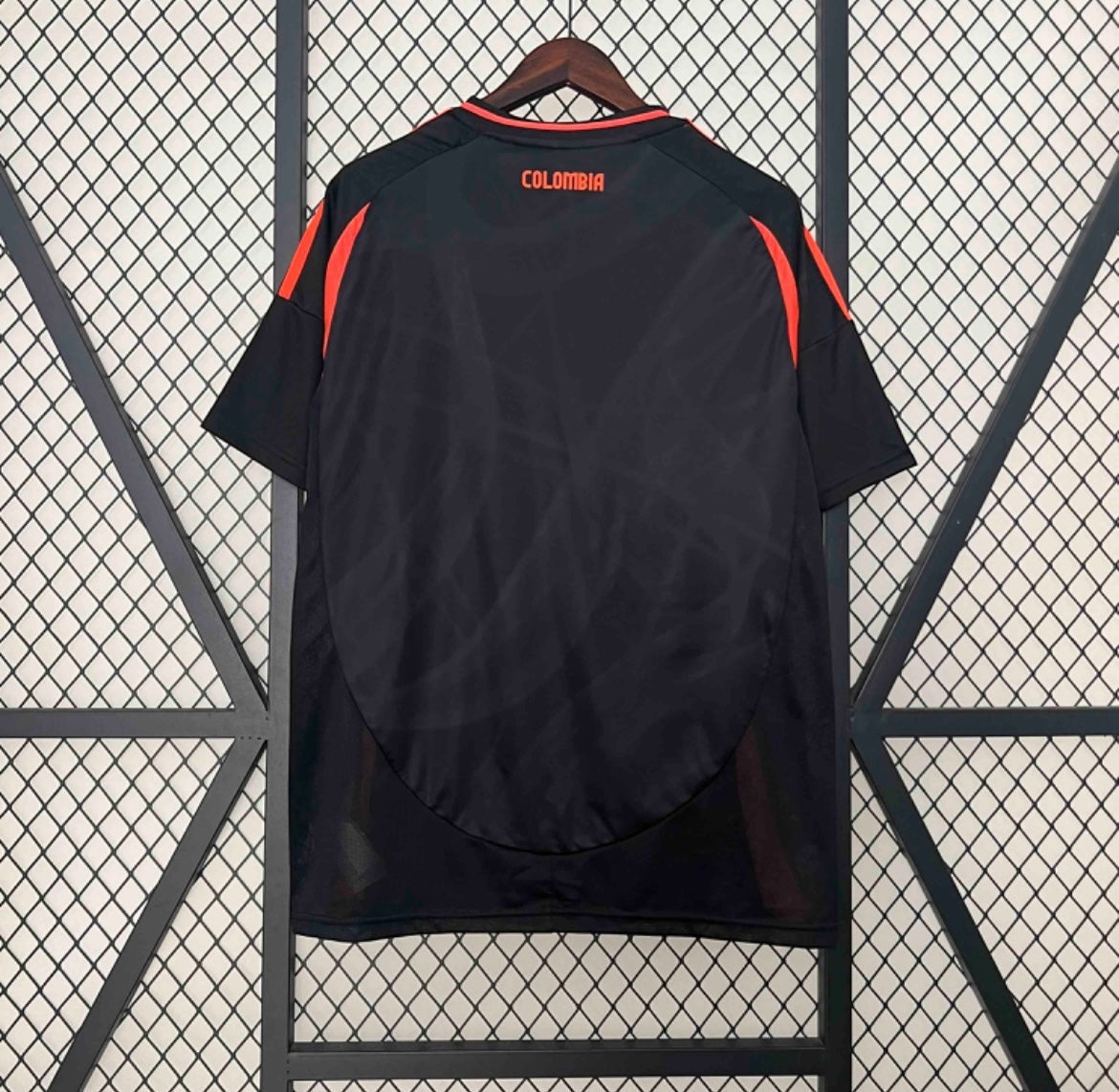 Leazofoot Colombia 2024 away jersey in black with orange accents and Colombia text on the back