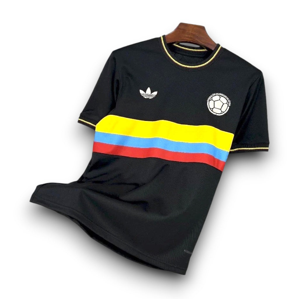 Leazofoot Colombia 24/25 football jersey in black with yellow, blue, and red chest stripes and embroidered logos.