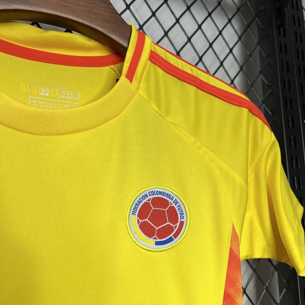 Leazofoot Colombia home soccer jersey in yellow with red shoulder stripes and official team crest on chest.