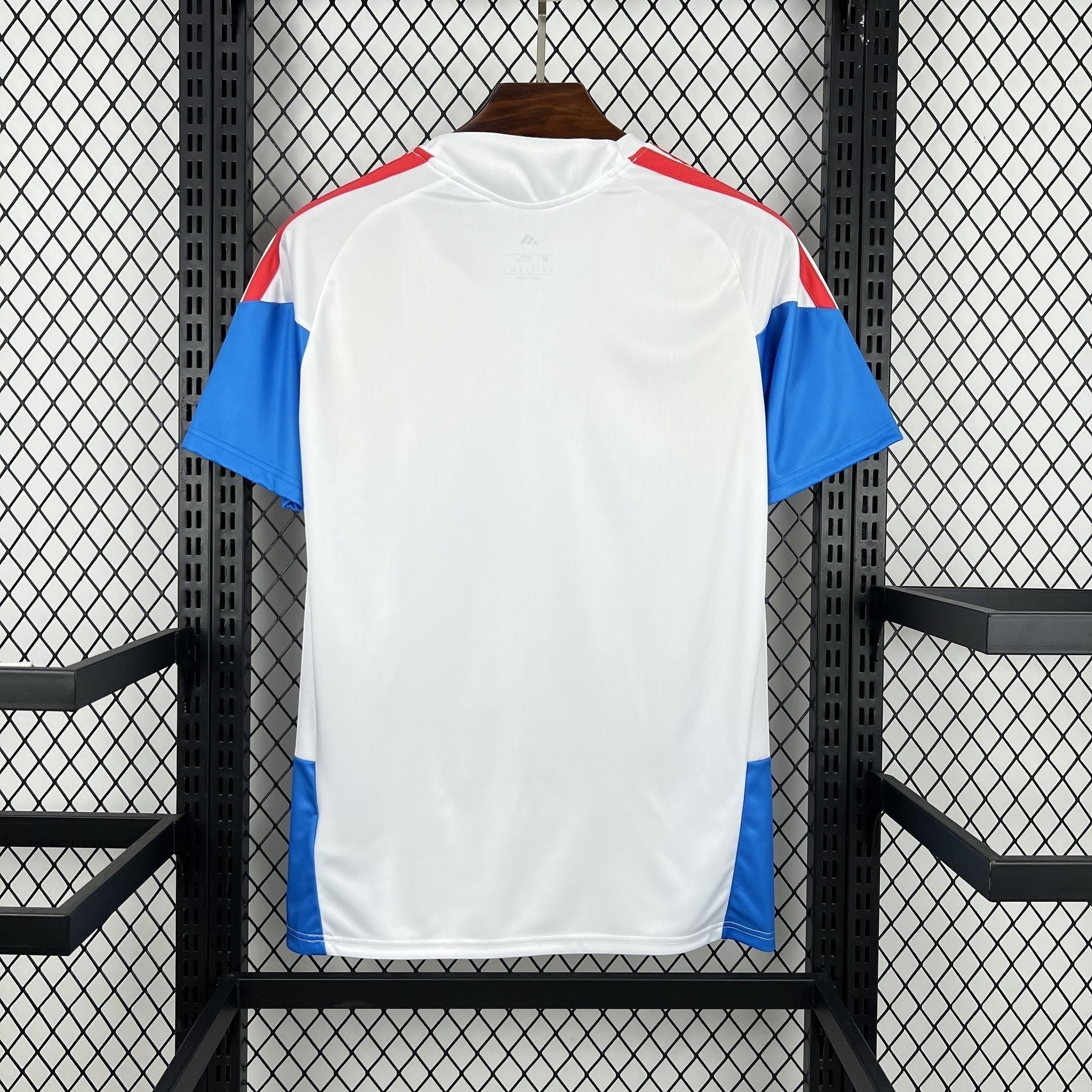 Leazofoot COLOMBIE - MAILLOT AVANT MATCH 2026 white soccer jersey with blue sleeves and red accents on shoulders.